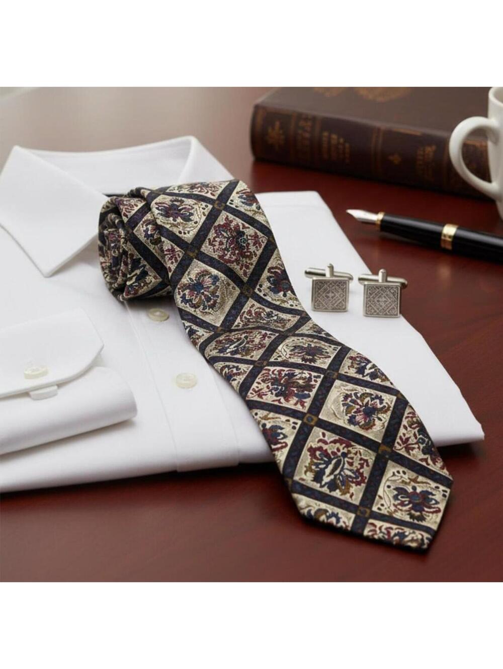 Countess Mara Men's Silk Tie Floral Lattice Pattern Navy, Black and Beige